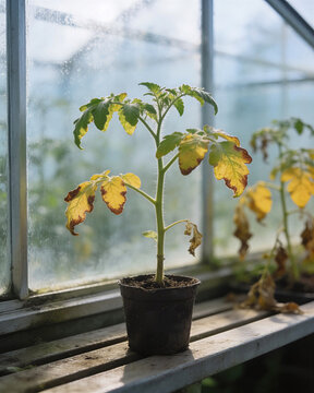 Potted wilted tomato seedlings yellow leaves suffering from leaf burn, blight, and nutrient deficiency on a greenhouse shelf.