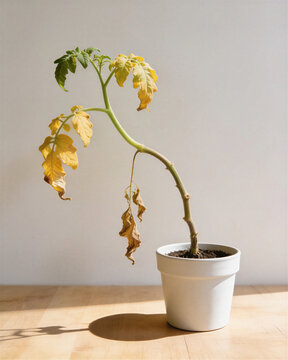 An indoor pot with wilted tomato seedlings yellow leaves bending and drying out on a wooden table due to severe underwatering.