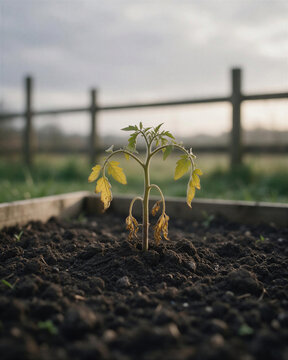 Stunted garden plant with wilted tomato seedlings yellow leaves drying in a raised wooden soil bed in front of a ranch fence.
