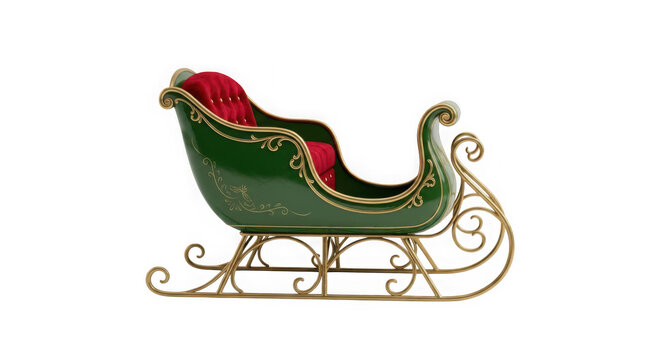 Decorative green and gold christmas sleigh with red velvet seat isolated on transparent background