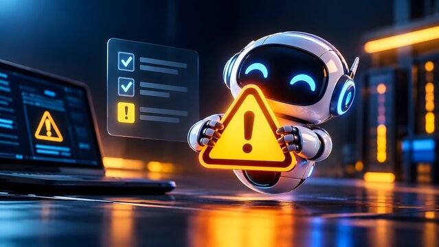 Robot holding warning sign next to laptop with checklist, signifying system errors, digital alerts, and security concerns.