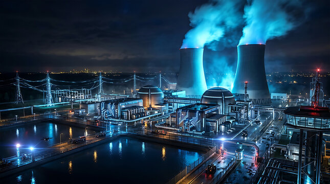 Futuristic Nuclear Power Plant Facility at Night
