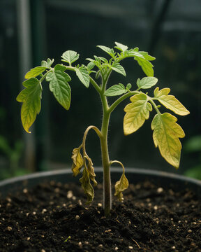 Macro view of wilted tomato seedlings yellow leaves in dark rich potting soil displaying early stage nitrogen deficiency.