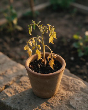 Terracotta pot containing wilted tomato seedlings yellow leaves placed on a stone wall in warm evening sunlight outdoors.