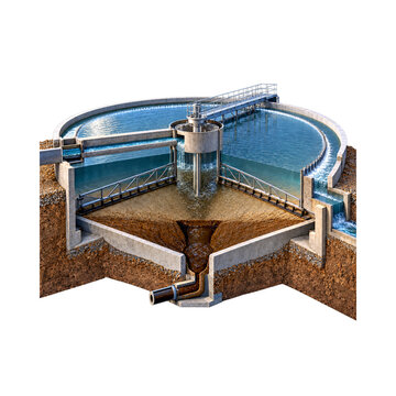 Wastewater clarifier radial scraper cutaway