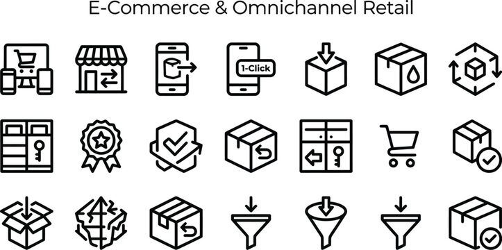 Modern black and white vector icon set representing various e-commerce and omnichannel retail concepts for digital projects