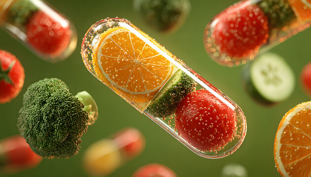 Conceptual image power of fruits, vegetables in capsule form. Contains orange, broccoli, tomatoes, cucumber. Fresh ingredients for better health. Healthy eating concept. Vitamins for immune,