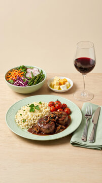 Gourmet dish of beef medallions with mushroom sauce, creamy cauliflower and cheese risotto, served with a fresh salad and a glass of red wine on a wooden table