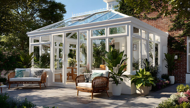 Modern white UPVC conservatory extends house with glass walls, doors, offering patio garden views. Sunproof, waterproof structure enhances living space. Features wicker chairs, table for outdoor