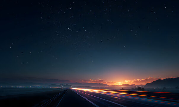 Vibrant purple, orange lights illuminate long, straight road stretching towards dark blue horizon with stars. Small plane flies alongside road in distance. Dynamic motion, speed, travel atmosphere.