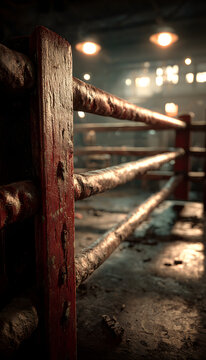 Boxing ring in dimly lit room with red fence. Dusty floor adds to sense of neglect. Boxing ring center of attention. Low lighting casts soft glow on ring details.