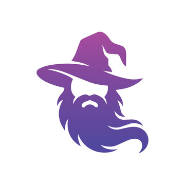 Purple wizard icon silhouette with a pointed hat and long beard on a white background, modern vector graphic design suitable for fantasy branding, magic themes, and gaming logos.