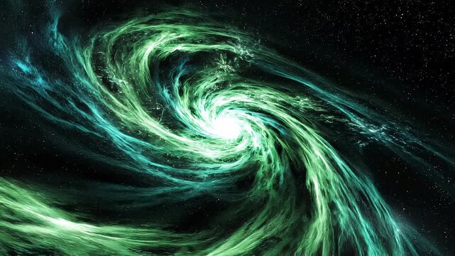 Green and turquoise luminous filaments swirl around bright white center, forming broad spiral arms against dark star field with flowing wispy textures and scattered points of light