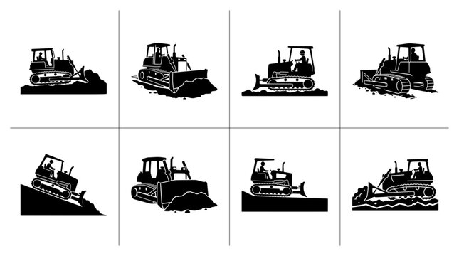 Bulldozer silhouettes set with different actions, construction equipment