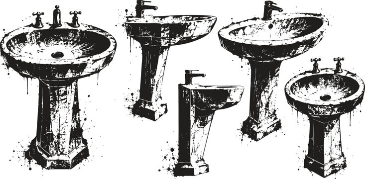 Set of five artistic black and white washbasins with taps in grunge illustration