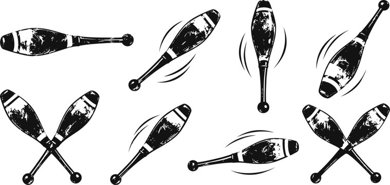 vintage juggling clubs black and white illustration set with motion effects