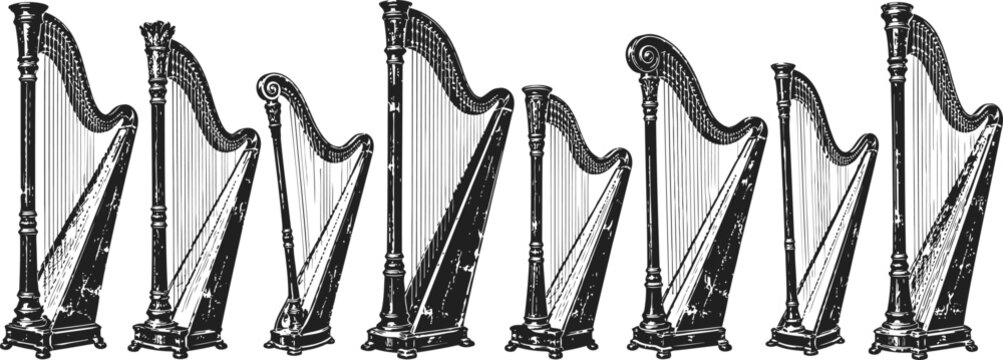 Collection of antique harp illustrations vintage musical instruments with intricate designs and various sizes