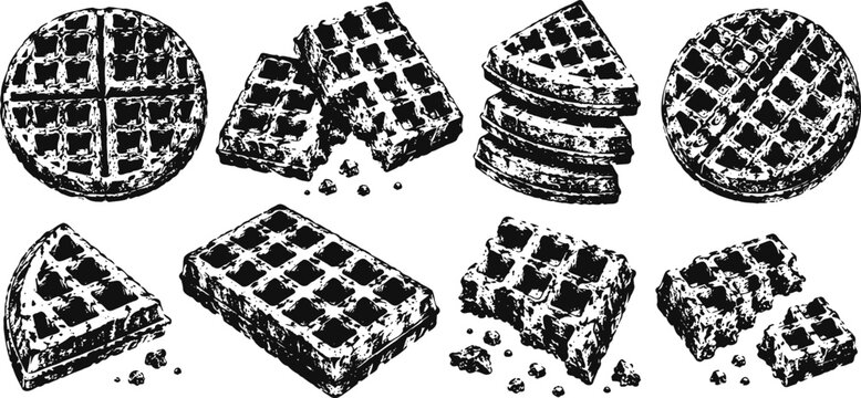 Hand drawn waffles assortment various round and square waffle pieces with crumbs and texture details