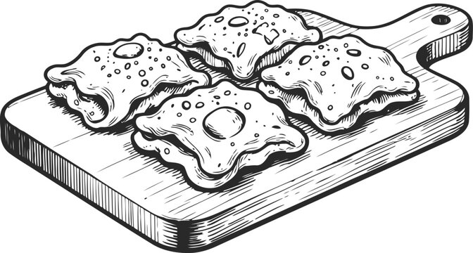 hand drawn illustration of four cooked ravioli pasta pieces on a wooden cutting board
