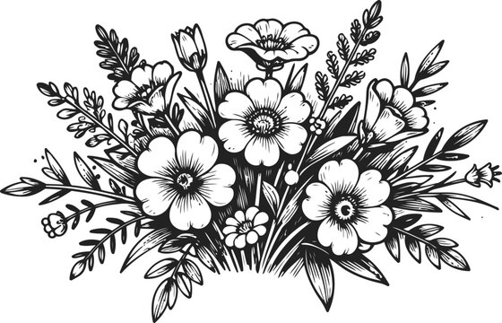 Black and white floral bouquet illustration with detailed flowers and leaves composition