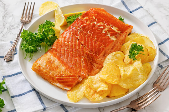 Scottish hot smoked salmon with potato chips