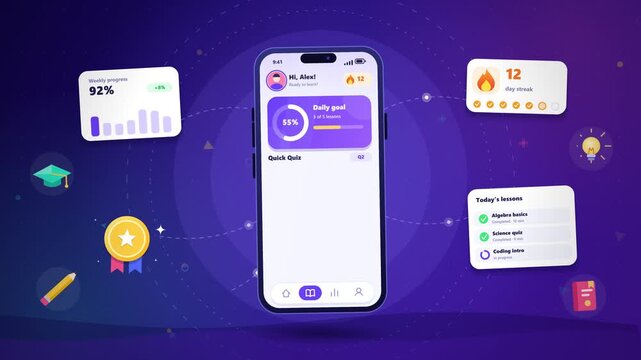 Digital smartphone app showing educational progress and gamified achievement icons