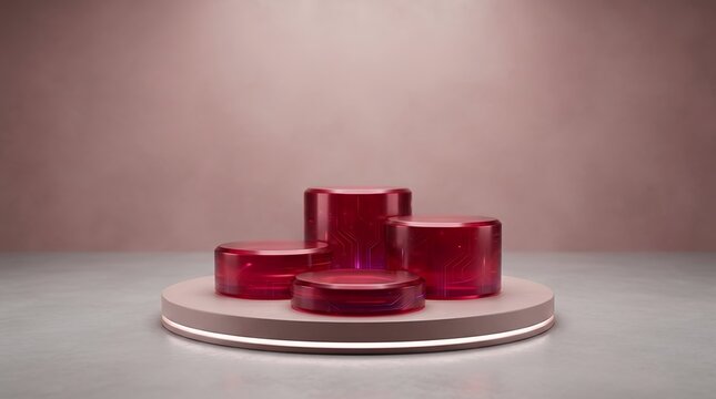 Streamlined Three Dimensional Ruby Stand Pillars Tailored For Exhibition Purposes Abstract Electronic Render Of Circular Pedestals Placed Inside Soft Rose Studio podium 3d red minimalist cylinders