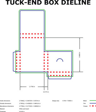 Tuck-end box dyeline template, vector packaging layout with dimensions for white card board, professional retail box design with cut-out for product packaging
