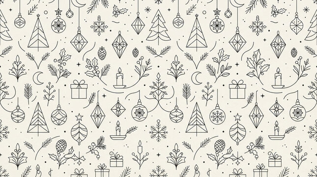 christmas seamless line art pattern with minimalist holiday decorations and trees on light background.