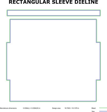 Rectangular sleeve dyeline template, vector layout with bleed and trim lines for product packaging wrap, branding stationery, and label design
