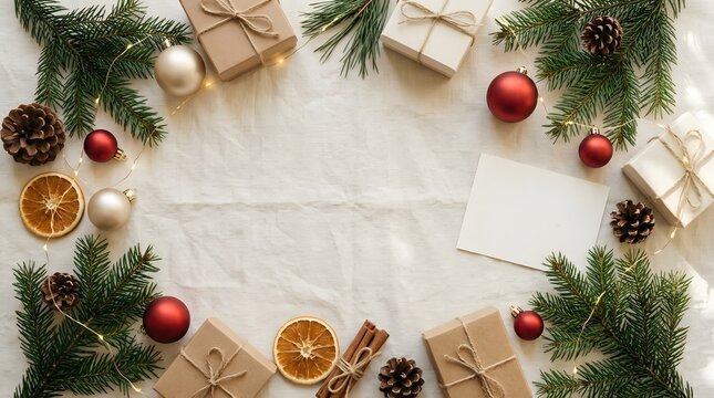 Gift wraps cinnamon sticks pinecones ornaments arranged festive holiday on linen background