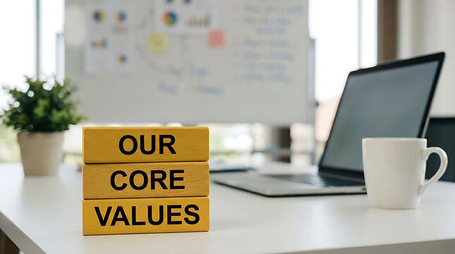 Wooden blocks spelling out our core values on office desk with laptop and cup