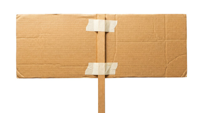 Blank cardboard sign on a wooden stick ready for customization or advertising purposes isolated on transparent background