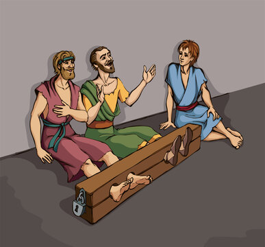 Paul and Silas in prison. Vector drawing