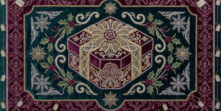 Elegant christmas gift box centerpiece with ornate floral motifs on velvet background.