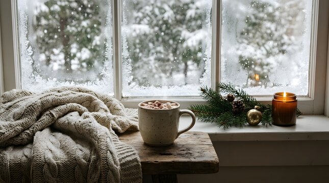 Hot cocoa mug with cinnamon sticks beside lit candle and greenery on snowy windowsill