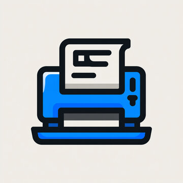 Simple line art icon depicting a printer actively printing paper, featuring flat blue and black colors with crisp outlines on a clean white background.