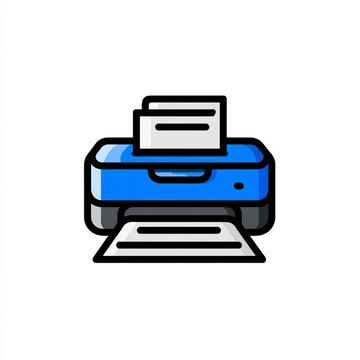 Simple line art icon depicting a printer actively printing paper, featuring flat blue and black colors with crisp outlines on a clean white background.