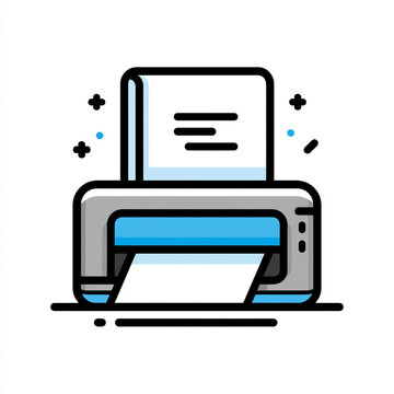 Simple line art icon depicting a printer actively printing paper, featuring flat blue and black colors with crisp outlines on a clean white background.