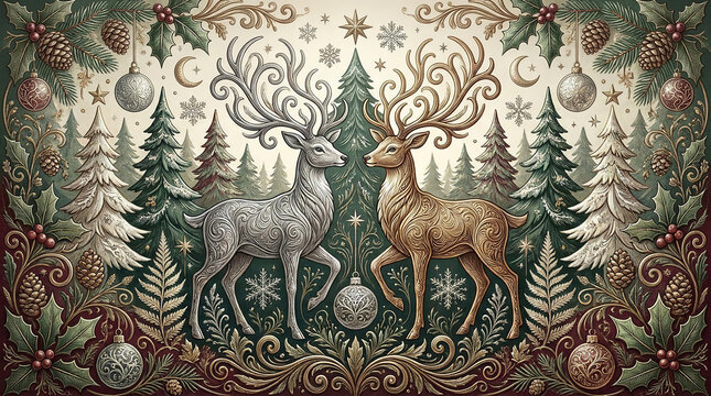 Two ornate reindeer flank decorative christmas trees and baubles on a vintage background.