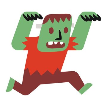 Animated green Halloween zombie runs with raised claws, red eyes and a torn orange shirt