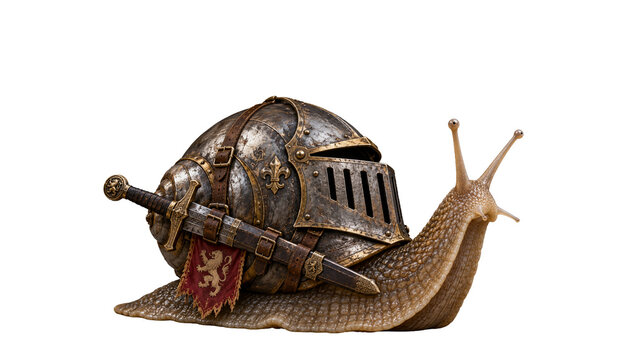 Fantasy medieval knight snail carrying an ancient steel helmet and ornate sword on its shell, whimsical armored warrior creature with golden details isolated on a clean white background