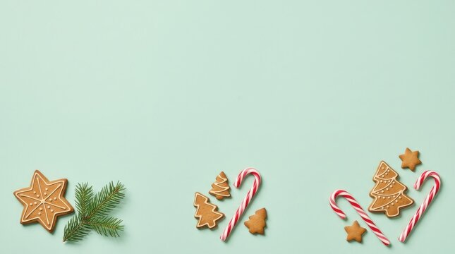 Flat lay Christmas background featuring decorated gingerbread cookies, candy canes, and pine tree twigs arranged along the bottom edge against a solid light mint green surface with copy spac
