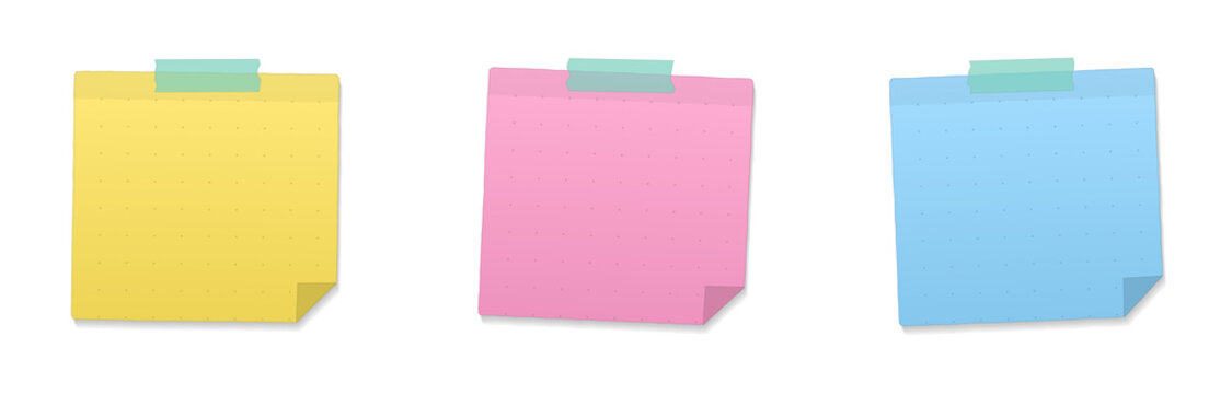 Set of three square sticky notes with dotted grid pattern attached with mint green adhesive tape isolated on transparent background