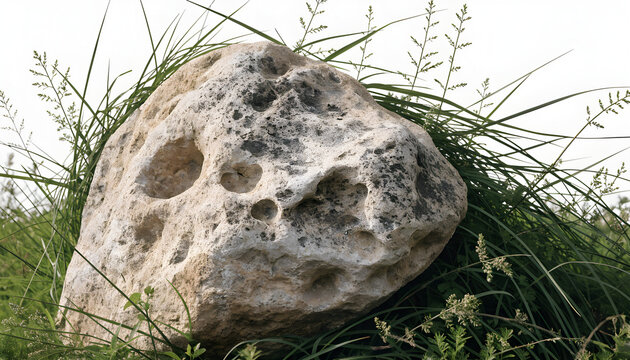 Holey limestone rock formation surrounded by tall grass