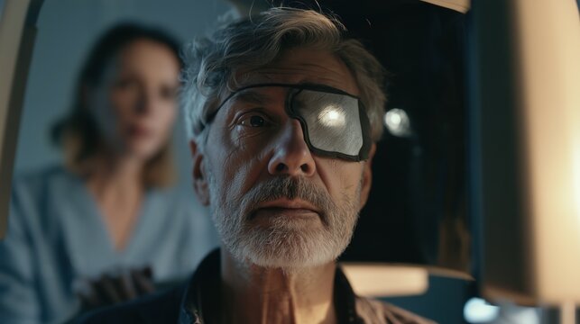 Diabetic Eye Disease Month: Middle-aged patient with one eye patched undergoing an automated visual field test at a perimetry dome, with a nurse guiding the procedure in the background.