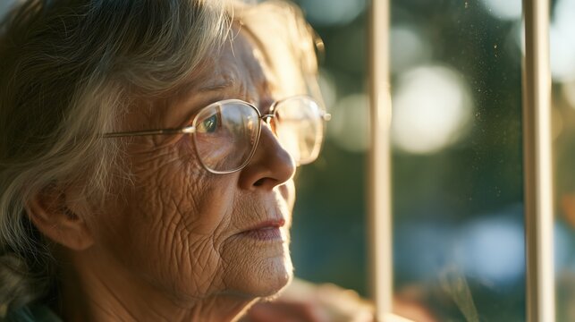 Diabetic Eye Disease Month: Senior woman wearing glasses gazing through a window at a blurred park, her thoughtful face in sharp focus against soft bokeh, symbolizing diabetic vision loss.