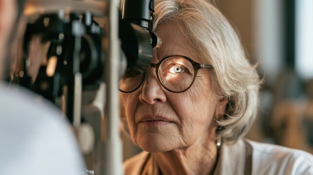 Diabetic Eye Disease Month: Ophthalmologist in a white coat performing a dilated retinal examination on a middle-aged woman using a slit lamp.