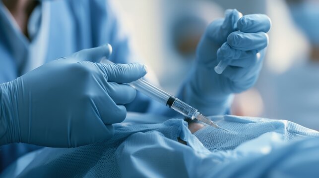 Diabetic Eye Disease Month: Ophthalmologist wearing sterile gloves preparing an intravitreal anti-VEGF injection for diabetic macular edema, with a sterile eye drape and syringe in hand.