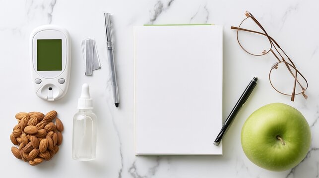 Diabetic Eye Disease Month: Top-down flat lay on white marble featuring a glucometer, test strips, eye drops, reading glasses, notebook, pen, green apple, and almonds.